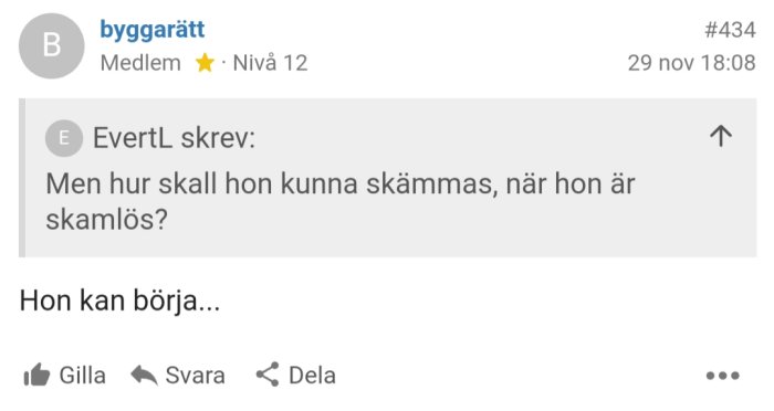 Skärmdump av diskussionsforumstråd med inlägg nummer 434 och citat från användare EvertL.