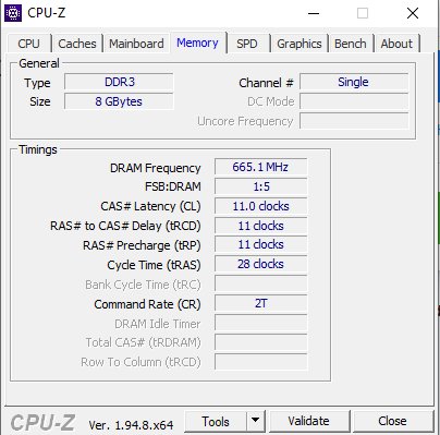 Skärmdump av CPU-Z-program med öppen flik som visar information om DDR3 RAM-minne på 8 GB i single channel-läge.