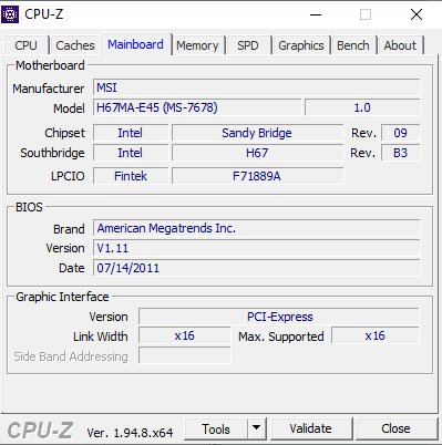 Skärmdump av CPU-Z programmet som visar information om ett MSI H67MA-E45 moderkort med BIOS och grafikgränssnitt detaljer.