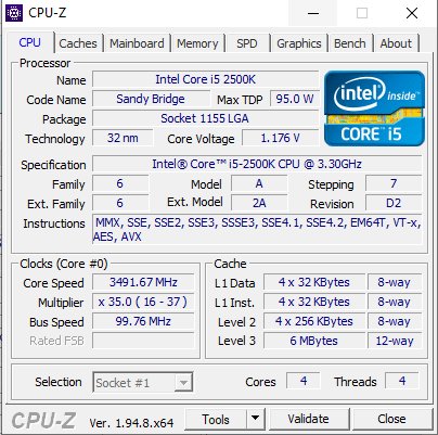 Skärmbild av CPU-Z-program med specifikationer för en Intel Core i5 2500K-processor.