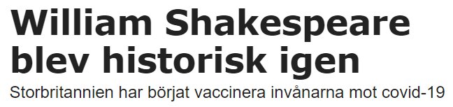 Nyhetstext som meddelar att Storbritannien har startat covid-19-vaccineringar.