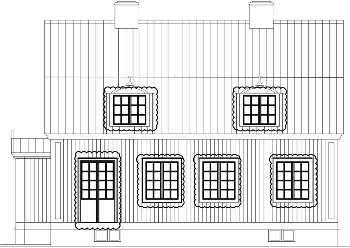 Illustration av en husfasad med flera fönster och en dörröppning utan plattform eller räcke.