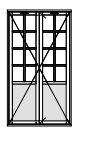 Linjeteckning av en pardörr i modulmått 1250 som öppnas utåt, markerat för diskussion om plattform och räcke.
