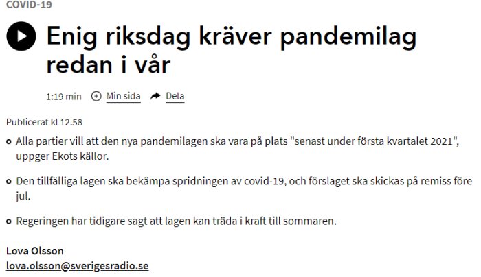 Webbsida om en enig riksdag som kräver pandemilag, med punkter om lagens syfte och ikraftträdande.