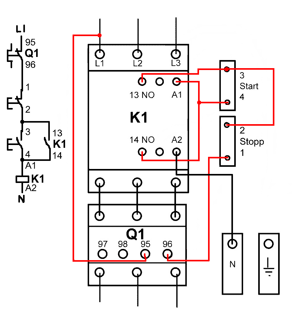 Elektriskt kopplingsschema för kontaktorstart med markerade anslutningar och beteckningar.