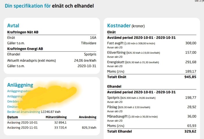 Fakturadetaljer för elnät och elhandel med specifikation av kostnader och avläsningar, delvis överstruket med gult.
