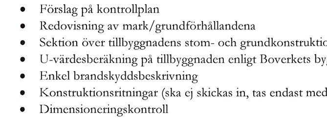 En lista över byggdokument inklusive kontrollplan, markbeskrivning och UV-värdesberäkningar.