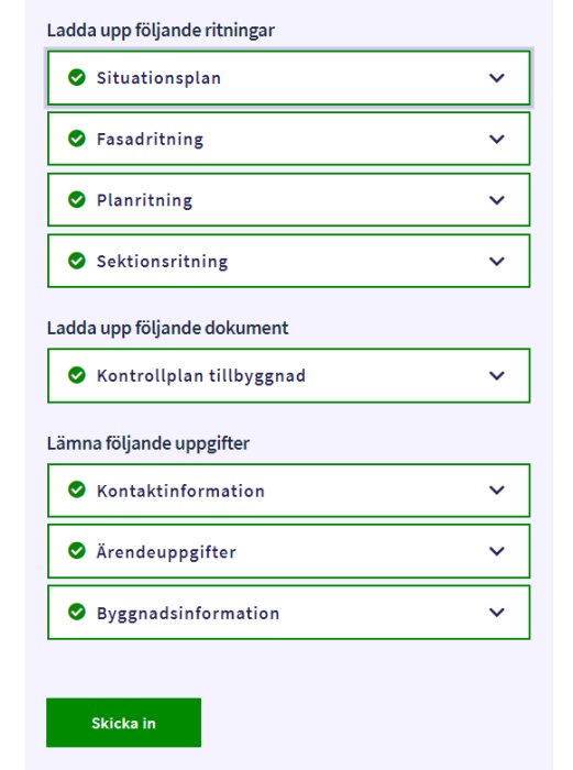 Skärmdump av en inskickad bygglovsansökan med komplett ifyllda ritningar och dokument.