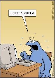 Tecknad bild av figur liknande Cookiemonster från Sesam som chockat reagerar på datormeddelande "DELETE COOKIES?!