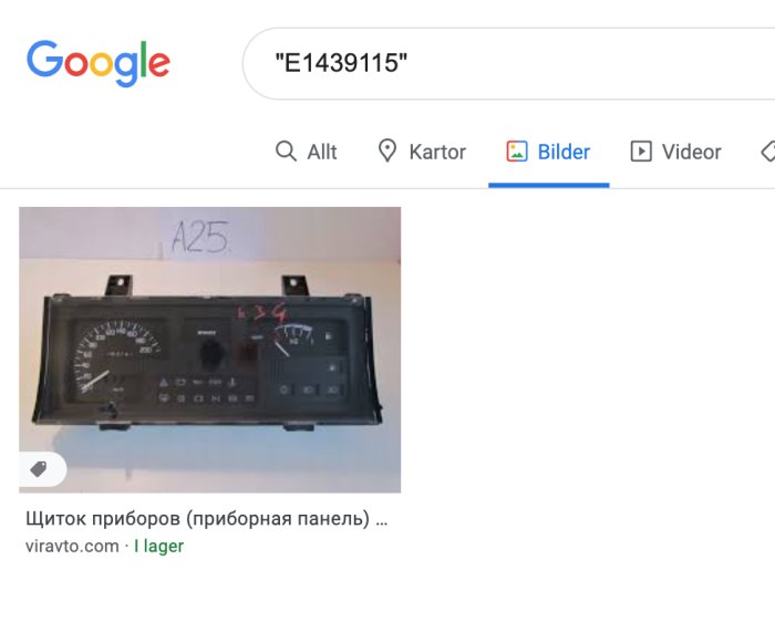 Bild på bilens instrumentpanel visas i en Google-sökresultatsida.