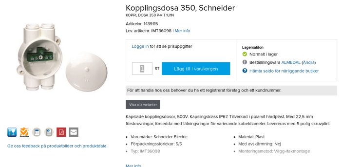 Kopplingsdosa från Schneider Electric, en öppen och en sluten del, mot vit bakgrund.