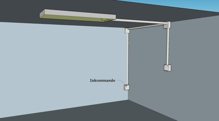 3D-schematisk illustration av rum med taklampa och strömbrytare för elinstallation.