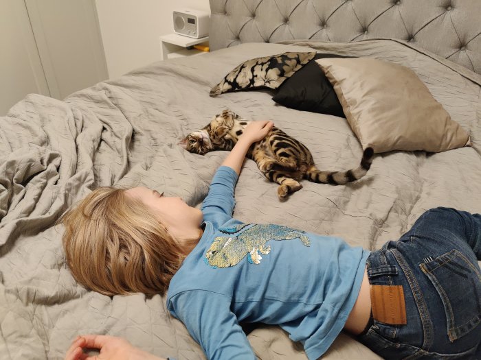 Barn som ligger på säng nära en katt, båda ser ut att trivas i varandras sällskap.