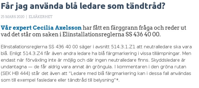 Artikel om användning av blå ledare som tändtråd enligt elinstallationsreglerna SS 436 40 00.