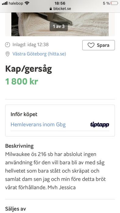 En skärmbild av en online-annons för en kap-/gersåg från Milwaukee med text om säljarens missnöje över dess oanvända skick.