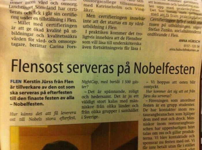 Bild av en tidningsartikel med rubriken "Flensost serveras på Nobelfesten".