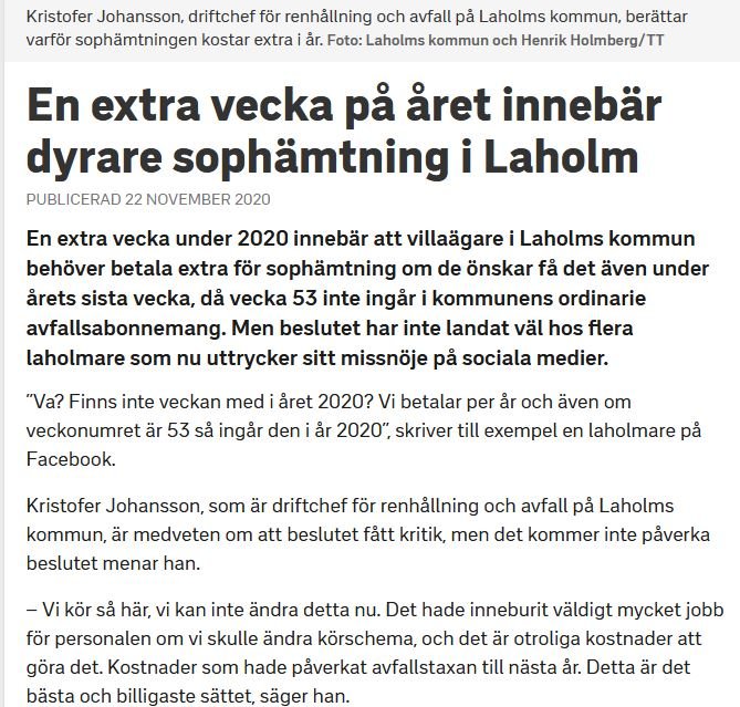 Skärmdump av en artikel med rubriken "En extra vecka på året innebär dyrare sophämtning i Laholm" publicerad den 22 november 2020.