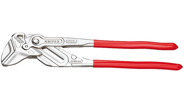 Knipex tångnyckel med röda handtag på vit bakgrund.