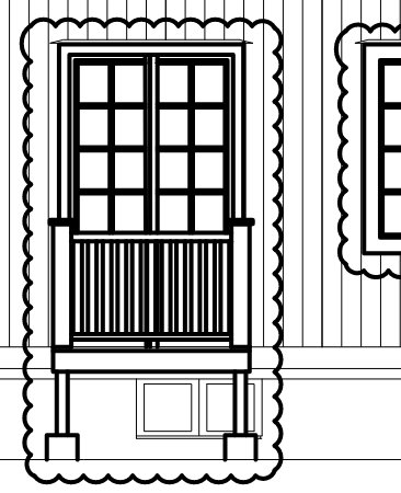 Skiss av en fasad med en liten stängd vädringsbalkong framför ett fönster, enkel konstruktion.