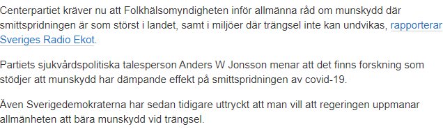 Kunskapsbaserad text om Centerpartiets krav på munskydd och Folkhälsomyndighetens nya allmänna råd.