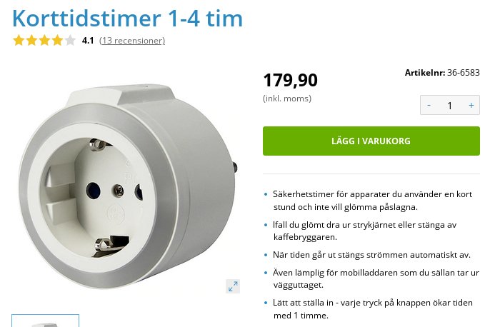 Korttidstimer 1-4 timmar från Clas Ohlson för apparater, visas bredvid pris och produktinformation.