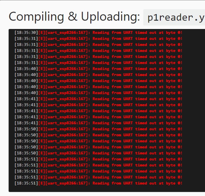 Skärmbild av loggfönster med upprepade meddelanden "Reading from UART timed out at byte 0".