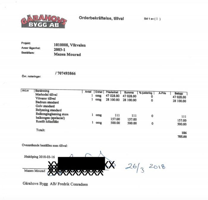 Orderbekräftelse från Gärahovs Bygg AB med tillval för badrum, kök och vitvaror undertecknat av Mazen Mourad.