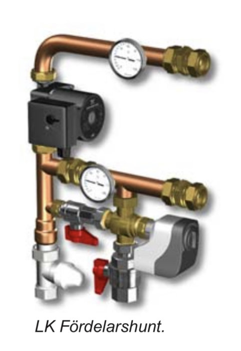 LK Fördelarshunt med mässingskopplingar, vita och röda ventiler, och en termometer, nämnd ventil med vit hatt syns längst ner till vänster.