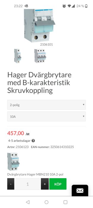 Hager dvärgbrytare med B-karakteristik och skruvkoppling, 2-polig 10A, modell MBN210.