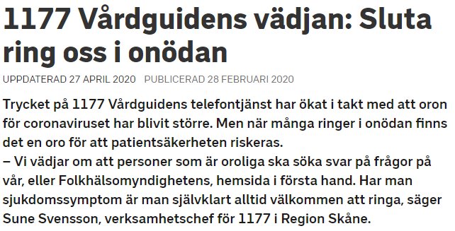 Skärmdump av nyhetsartikel med rubriken "1177 Vårdguidens vädjan: Sluta ring oss i onödan" från 2020.