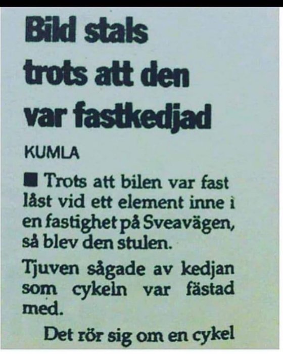 Skärmklipp av en tidningsartikel med skrivfel där det står "Bild stals" istället för "Bil stals".