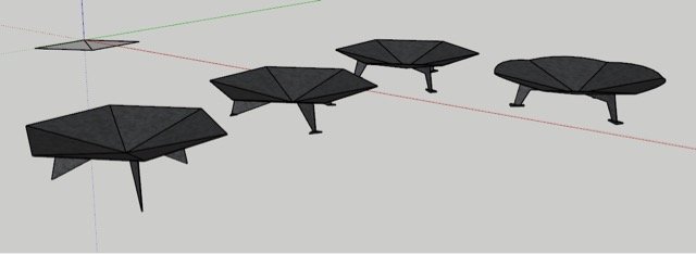 Skiss i 3D-modelleringsprogram av en sexkantig, skålad design för handgjort eldfat med tre versioner av ben.