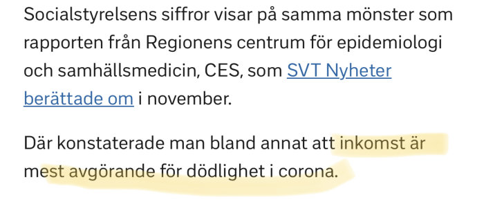 Skärmklipp av en artikel som diskuterar inkomsts betydelse för dödlighet i corona.