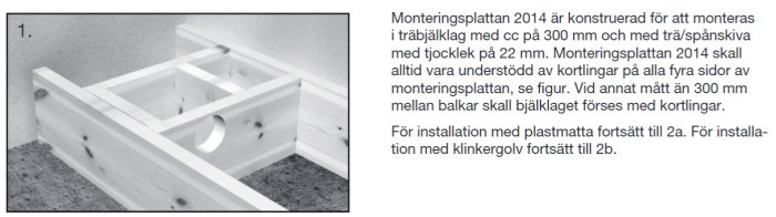 Svartvit bild på en glespanel konstruktion utan stöd för brunnen, anpassad för träbjälklag med avståndsmått specifierade.