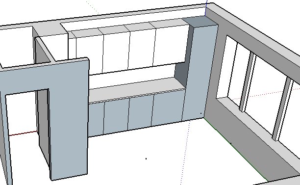 3D-skiss av kökslayout i ett sutteränghus med plats för skåp, vitvaror och köksö.