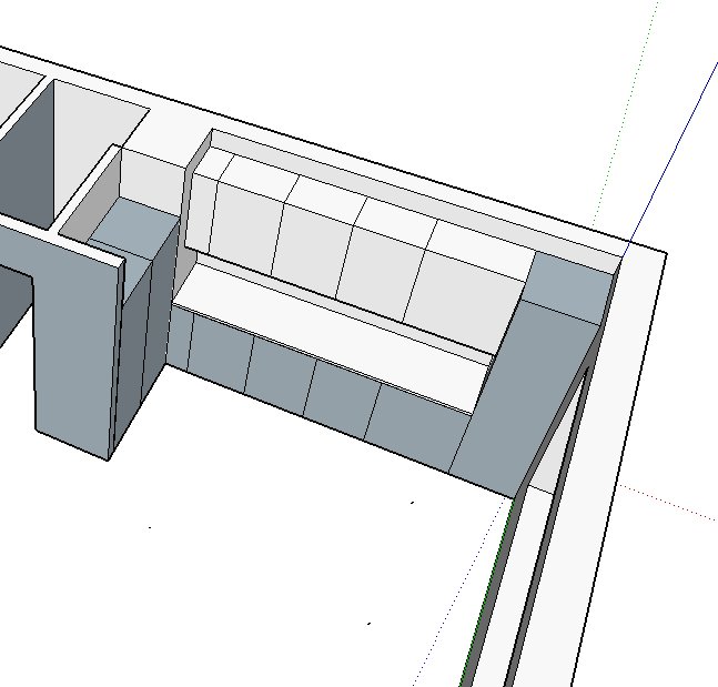 3D-skiss av kökslayout med lådfronter och apparater, framställd för planering av renovering.
