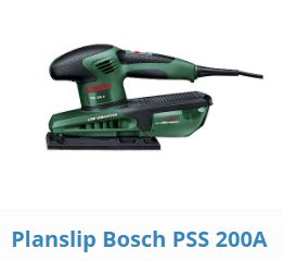 Bosch PSS 200A planslip maskin mot vit bakgrund med beskrivande text under.