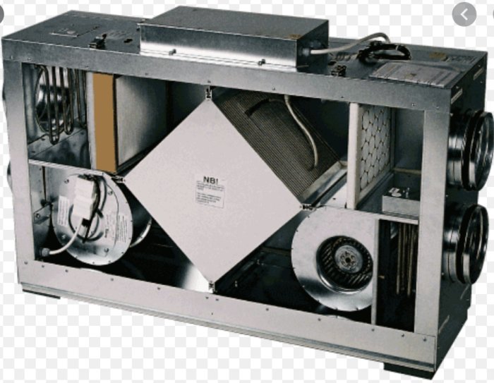 Ventilationsaggregat Flexit VGL-400 med synliga fläktar, filter och inbyggd elektronik.