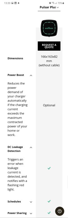 Skärmdump av Pulsar Plus laddstationsinformation som visar specifikationer såsom dimensioner och DC jordfelsdetektering.