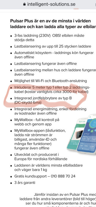 Specifikationslista för Pulsar Plus elbilladdare med markering kring integrerad jordfelsbrytare av typ B och appkontroll.