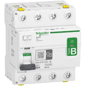 Schneider Electric residual current circuit breaker, 4 poles, 40 A, type B, 30 mA, utgången modell.