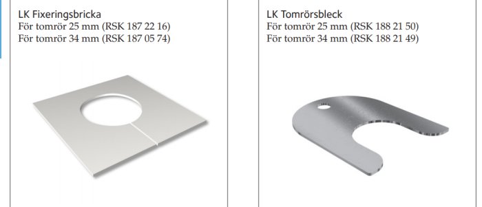 Bild på LK Fixeringsbricka och LK Tomrörsbleck för 25 mm rör, använda för genomföring i reglar.