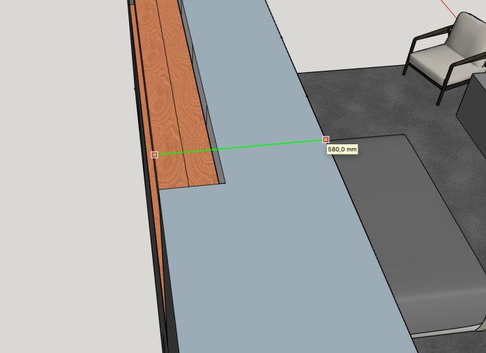 3D-skiss av sovrum med måttsatt avstånd för planerad platsbyggd garderob.