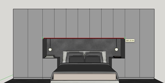 3D-ritning av sovrum med säng, inbyggda garderober och planerad sänggavel med integrerad belysning.