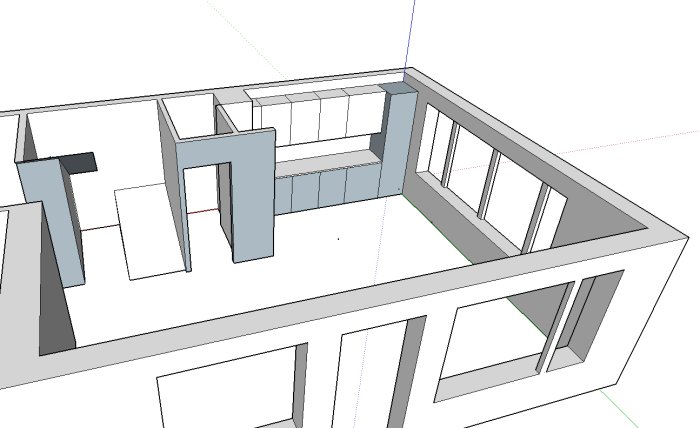 3D-skiss av en planlösning med kök, skafferi, trappa och utrymme för matplats och soffhörna.