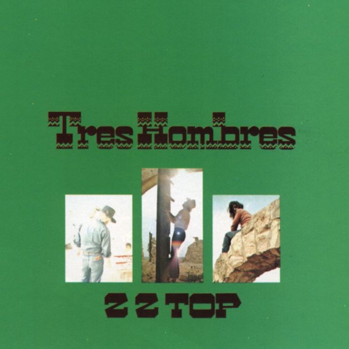 Omslaget till ZZ Tops album "Tres Hombres" med fyra bilder på bandmedlemmarna mot grön bakgrund.