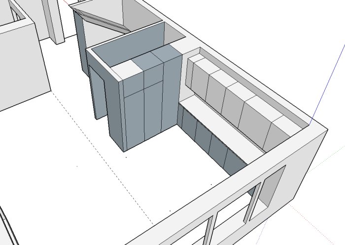 Skiss av ett kökslayoutförslag med många grunda hyllor och extra bänkyta, inklusive en extra pelare.