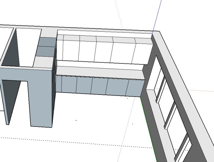 3D-modell av kökslayout med grunda hyllor, arbetsyta och extra pelare, streckad linje vid badrumsväggen.