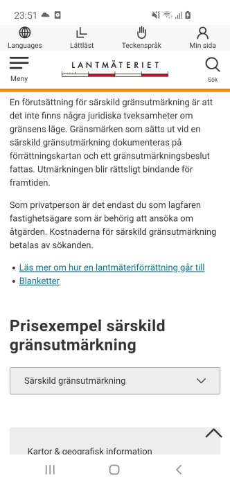 Skärmdump av hemsida med text om särskild gränsutmärkning och kostnadsinformation.