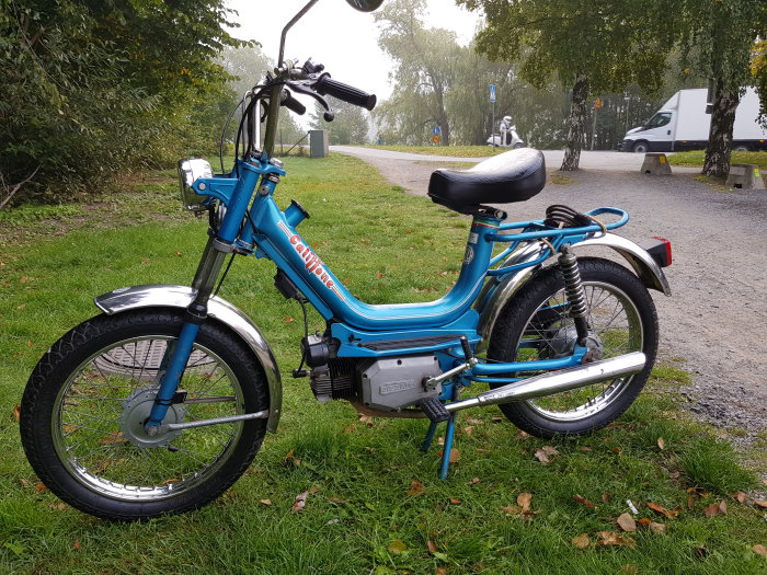 Blå Rizzato Califfo moped från 1976 parkerad på gräs med trädbakgrund.